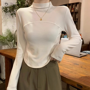 2023新款 秋冬T恤女遮肚显瘦上衣鱼骨德绒白色气质半高领 女装 长袖