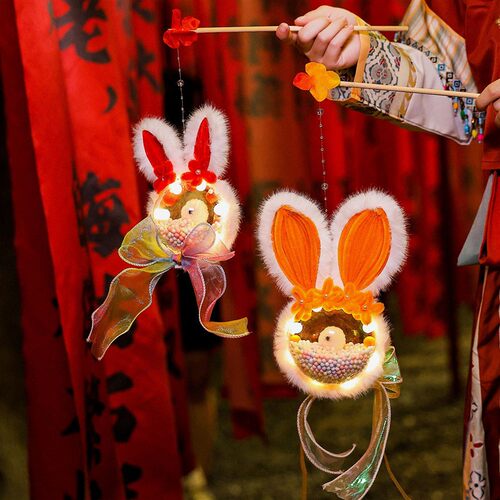 中秋节古风圆形宫灯非遗手提花灯马年新年儿童可爱玉兔子耳朵灯笼