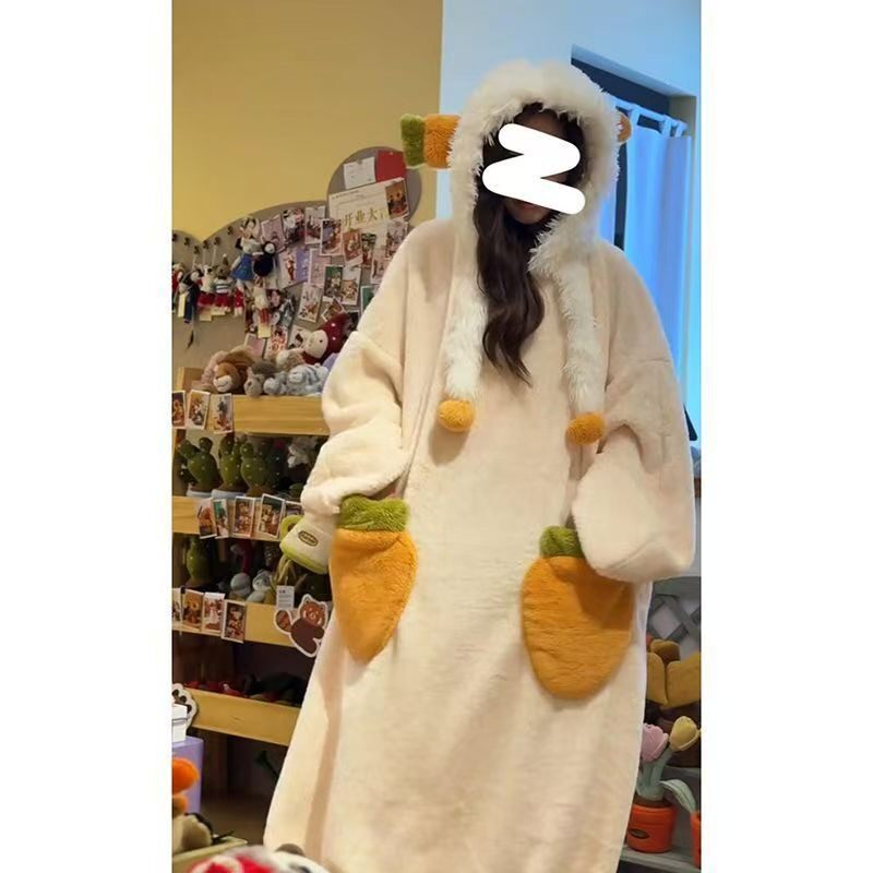 可爱萝卜情侣保暖睡袍 女冬季新款加绒加厚 睡衣居家服套装