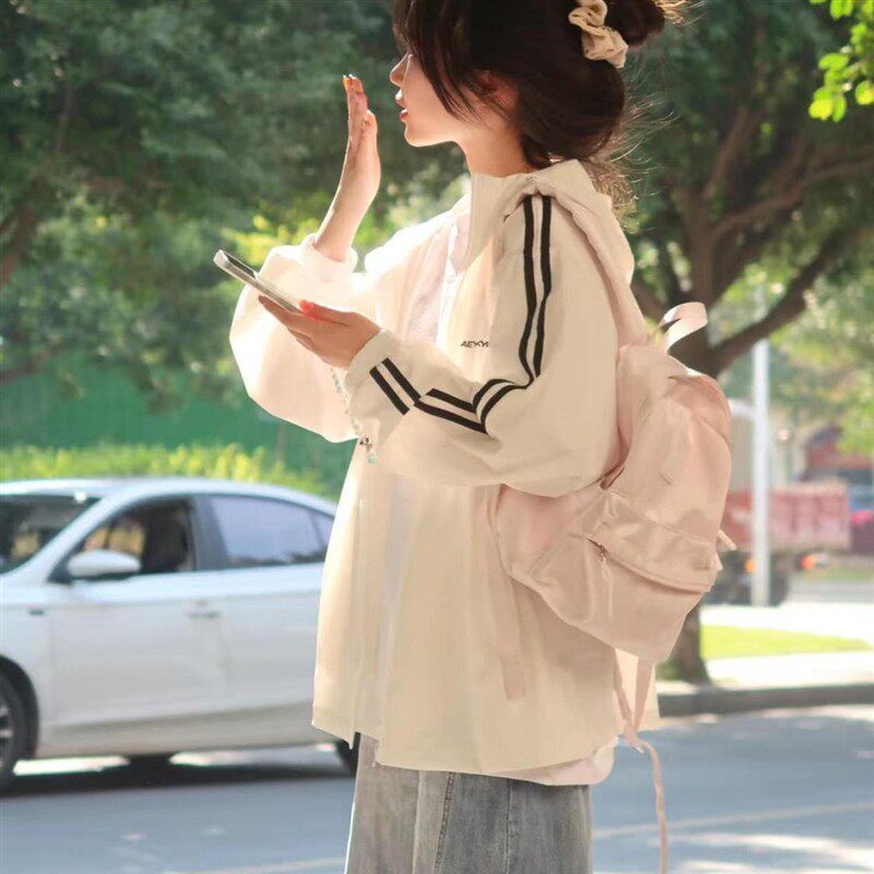 户外轻薄连帽防晒衣女夏季新款宽松学生条纹长袖防晒服外套女薄款
