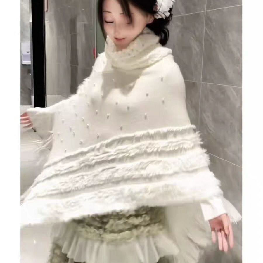 新款高领毛衣女秋冬慵懒风宽松中长款流苏针织钉珍珠斗篷披肩外套