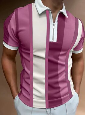 Fashionable color blocking lapel short sleeves拼色翻领短袖男