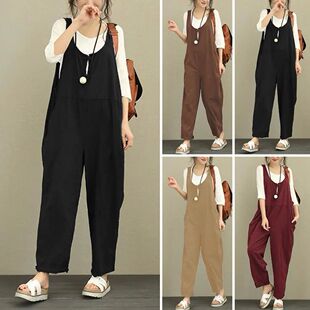Solid color loose strap cropped pants 纯色宽松背带九分裤女士
