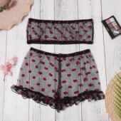 mesh printed underwear Perspective set透视网纱印花内衣套装 女