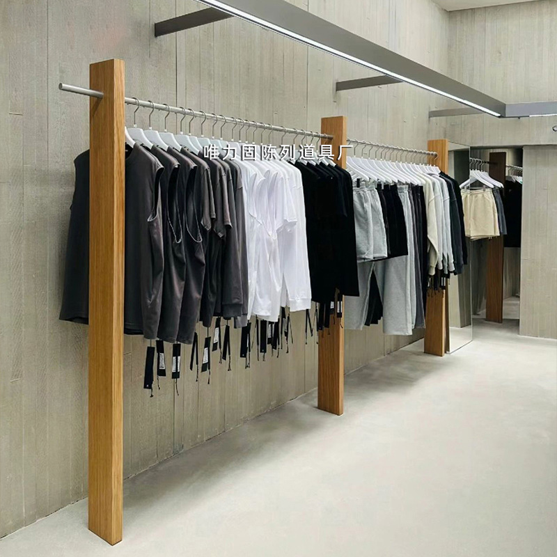 买手店不锈钢落地式挂衣陈列道具定制服装店展示架实木壁挂上墙架