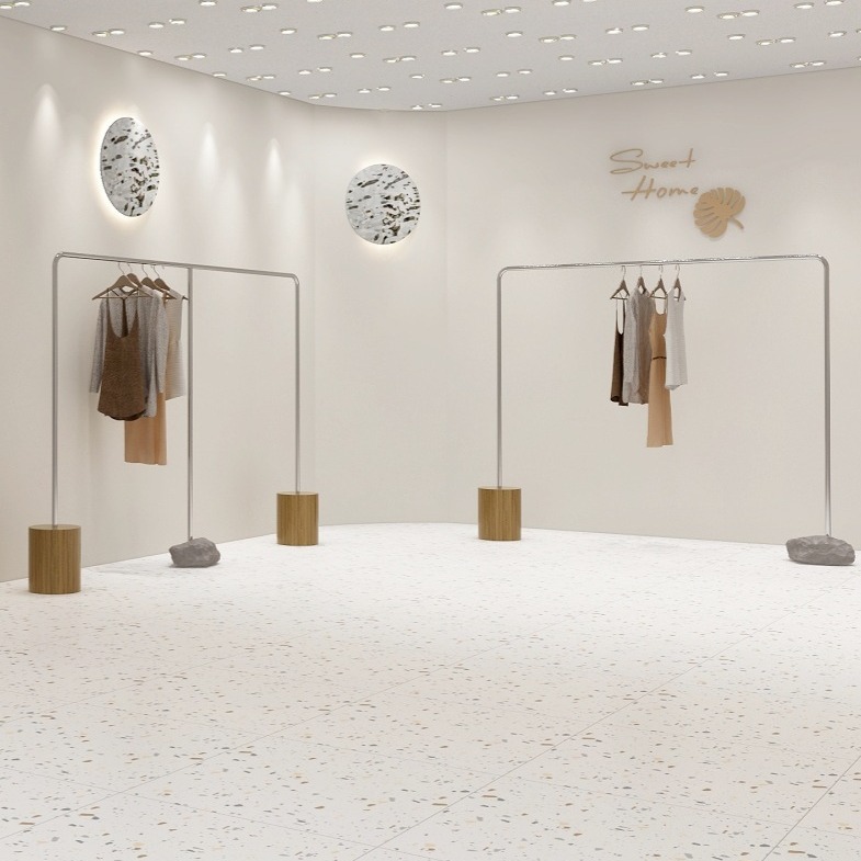 女装买手店胡桃色实木挂衣架服装店展示架不锈钢陈列货架中岛架子