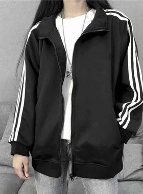 2024春夏新款三条杠外套女韩版薄款夹克学生黑色棒球服女宽松bf潮