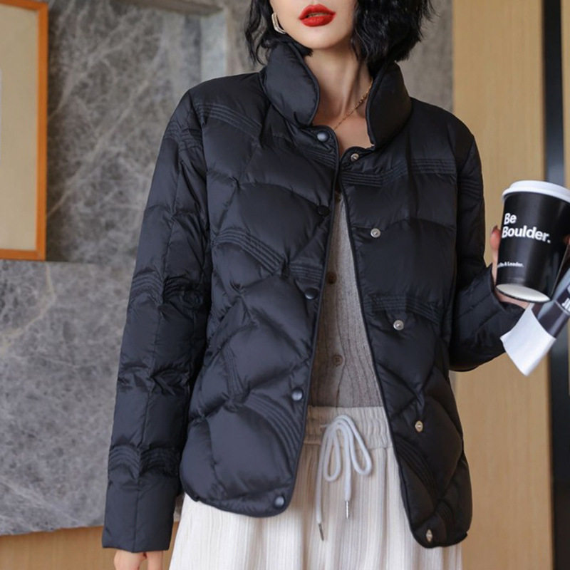 羽绒服女2026秋冬季新款短款立领格子纯色洋气白鸭绒女装保暖外套