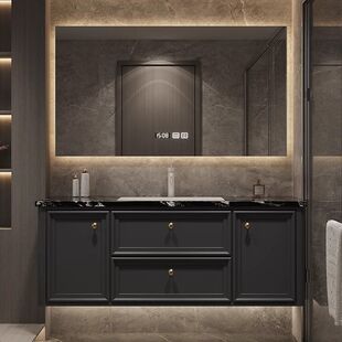 岩板简约浴室柜陶瓷一体复古卫生间法式洗漱组合无缝洗脸盆定制