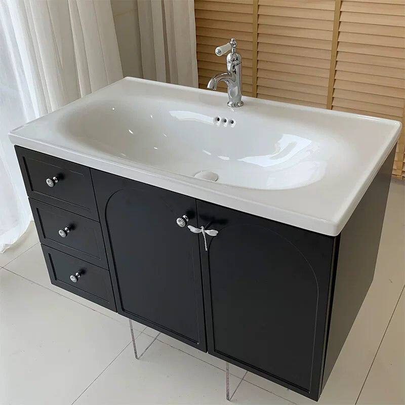 黑色复古实木烤漆浴室柜组合中古风洗漱台定制陶瓷一体盆美枫卫浴