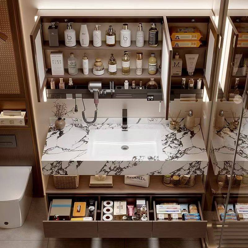 宝格丽岩板无缝陶瓷盆双层实木多功能浴室柜卫生间洗脸盆柜一体