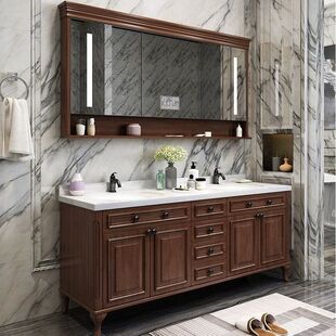 美式橡木落地浴室柜双盆防雾照明一体洗漱台卫生间柜组合