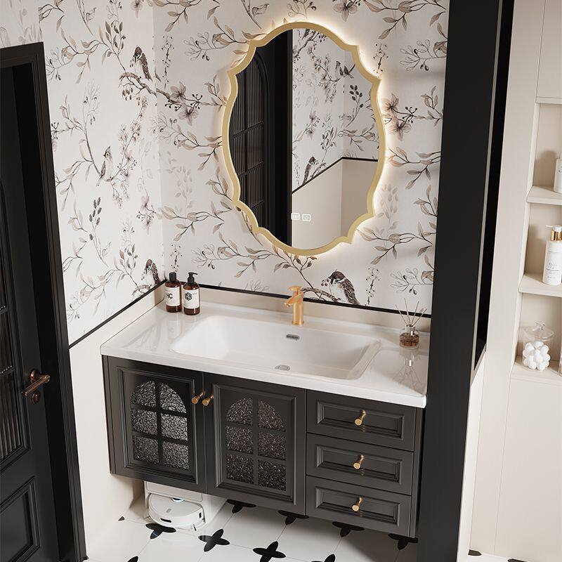 欧式复古橡胶木浴室柜组合洗脸盆防滑一体陶瓷台盆可放扫地机器人