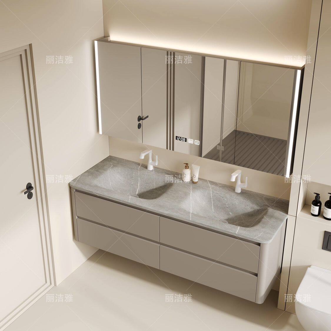 岩板热弯一体双盆橡木浴室柜组合肤感简约洗漱台洗手洗脸盆可丽耐