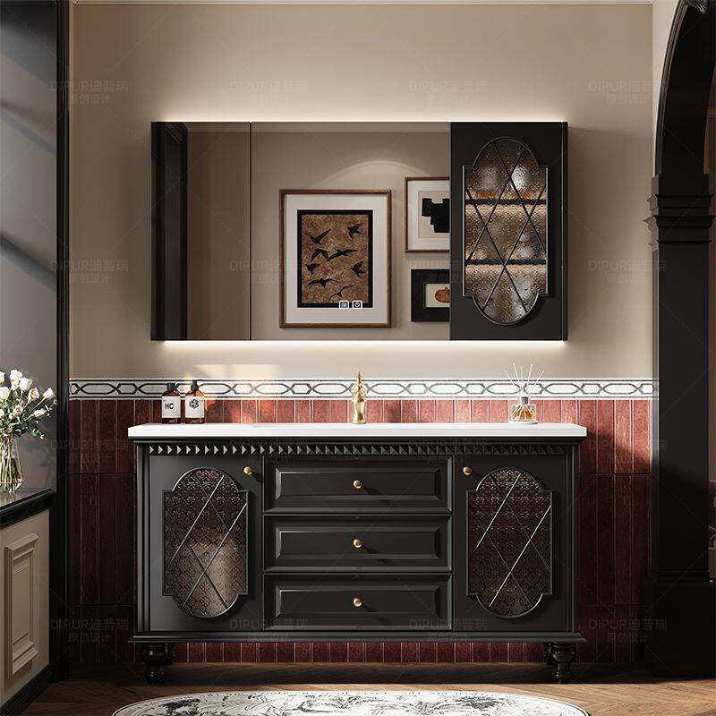 轻奢风法式复古风浴室柜组合落地黑色洗漱台洗手脸盆定制2025新款