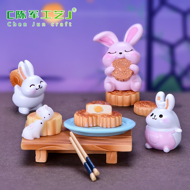薄利多销中秋节系列微景观小摆件树脂品吃月饼兔子可爱动物厨师兔