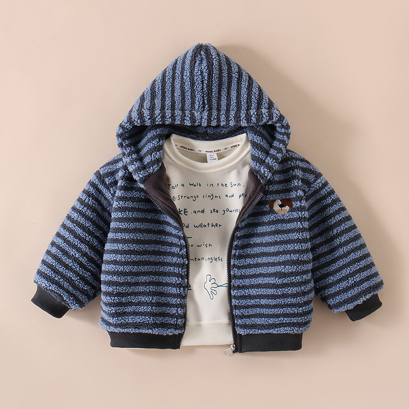 韩国童装提花摇粒绒条纹外套男童秋冬季韩版酷帅百搭儿童毛绒上衣