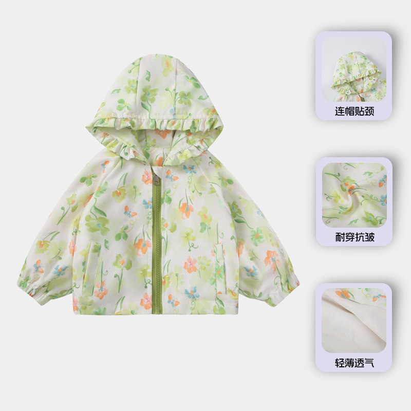 春秋季中小童新款洋气冲锋衣女童满印外套宝宝薄款春装早春穿搭潮