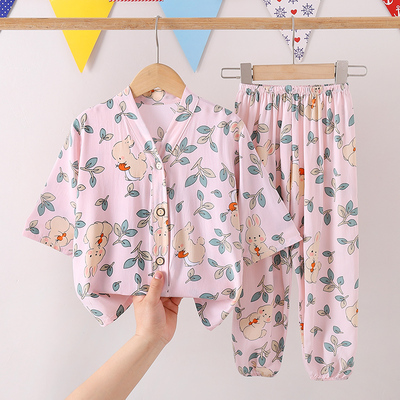 全棉母婴纯棉夏季儿童七分袖薄款棉绸睡衣女童女孩绵绸套装男童宝