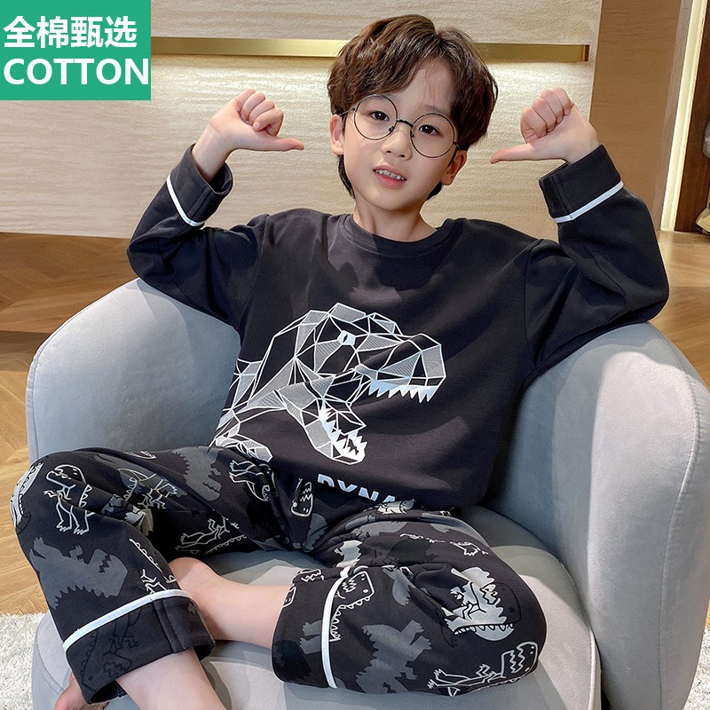 全纯棉时代新款儿童睡衣男童春秋季款长袖青少年大童男孩恐龙家居