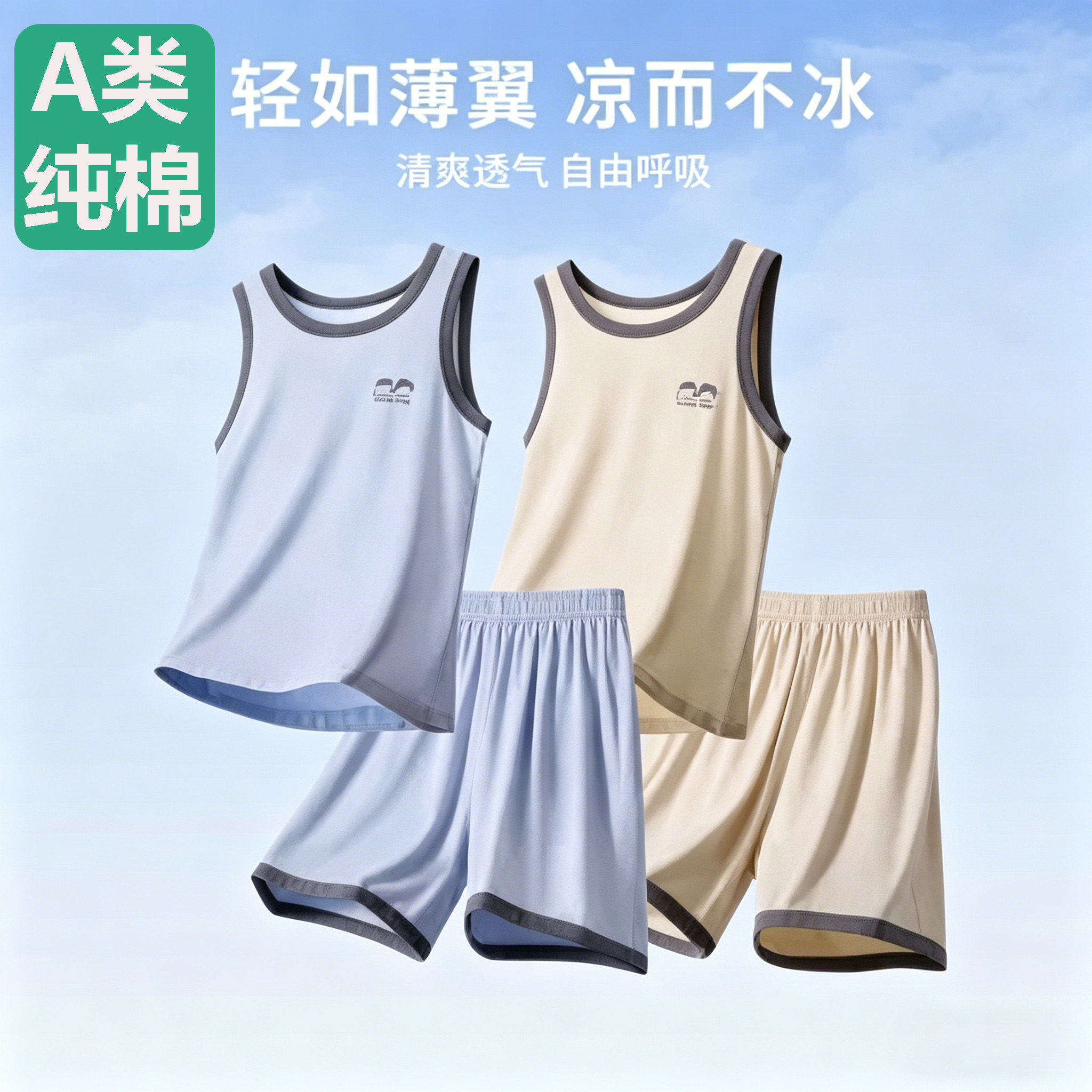 全棉母婴儿童莫代尔背心套装男童女童夏季轻薄款家居服小孩冰丝空