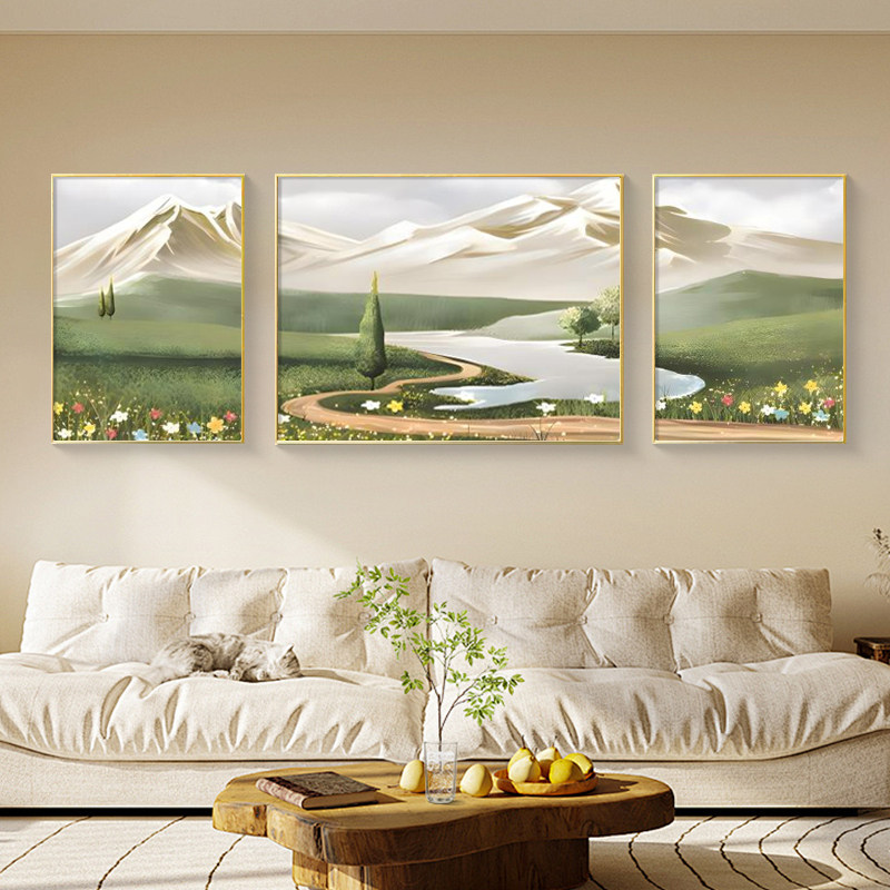 北欧风山水画聚宝盆客厅装饰画原木风日照金山沙发背景墙三联挂画