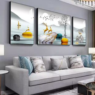 客厅装饰画沙发背景墙挂画现代轻奢简约大气高端壁画好寓意三联画