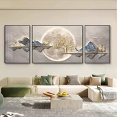 现代轻奢客厅三联装 饰画大气沙发背景墙挂画高级感靠山福鹿壁画