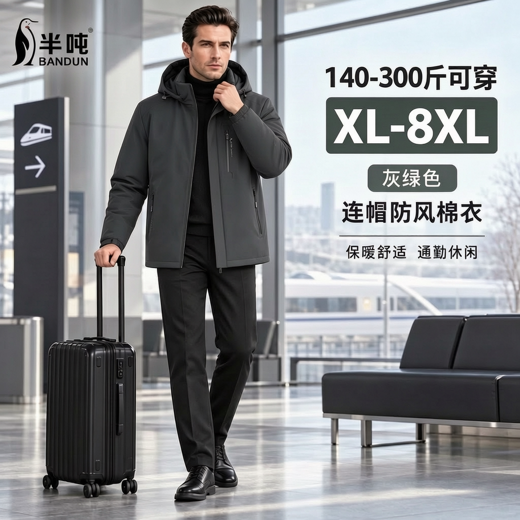 半吨大码男装冬季加厚棉服防风保暖户外休闲宽松防寒连帽外套8818