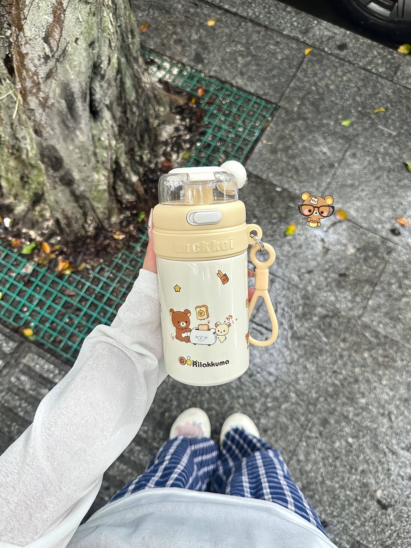 新款轻松熊保温杯高颜值可爱316不锈钢双饮水杯吸管大容量学生