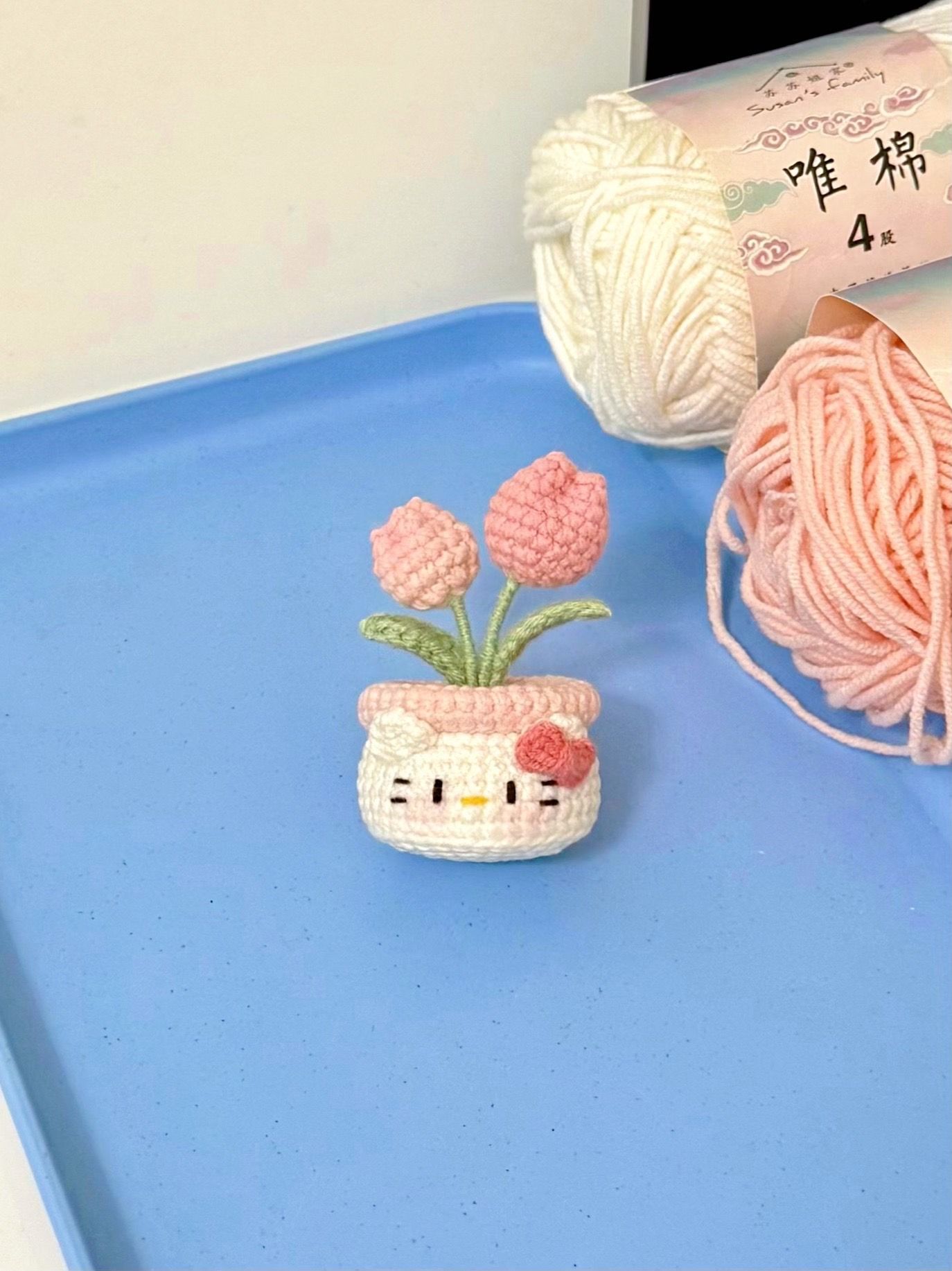 郁金香Kitty盆栽小摆件 DIY编织材料包手工自制毛线钩针钩织挂件