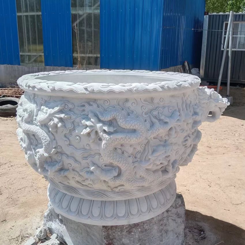 汉白玉石雕鱼缸龙缸 庭院圆形石缸荷花缸家用仿古养鱼石盆摆件