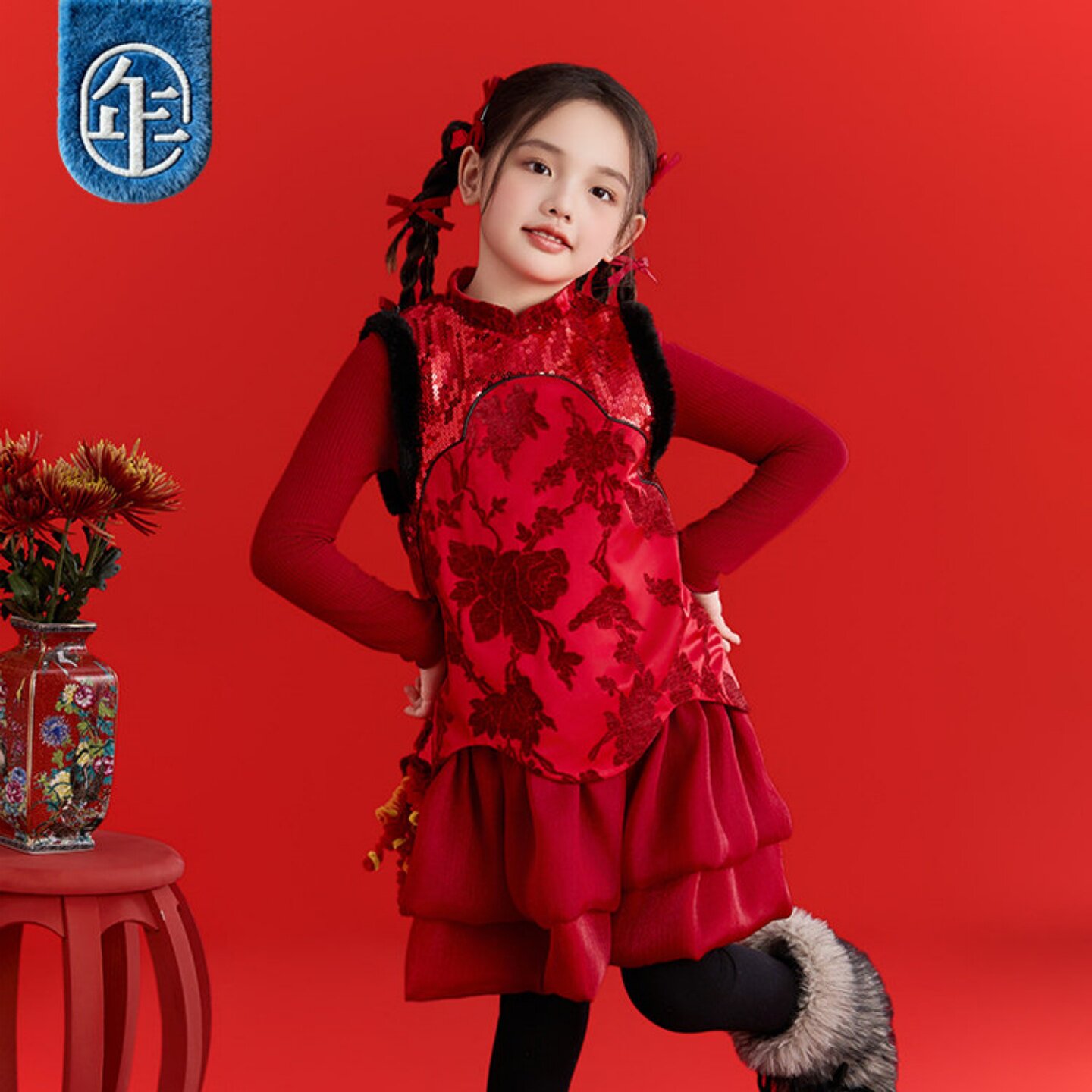年衣童装儿童连衣裙冬季新款中式女童甜美国风无袖蛋糕裙裙子礼服