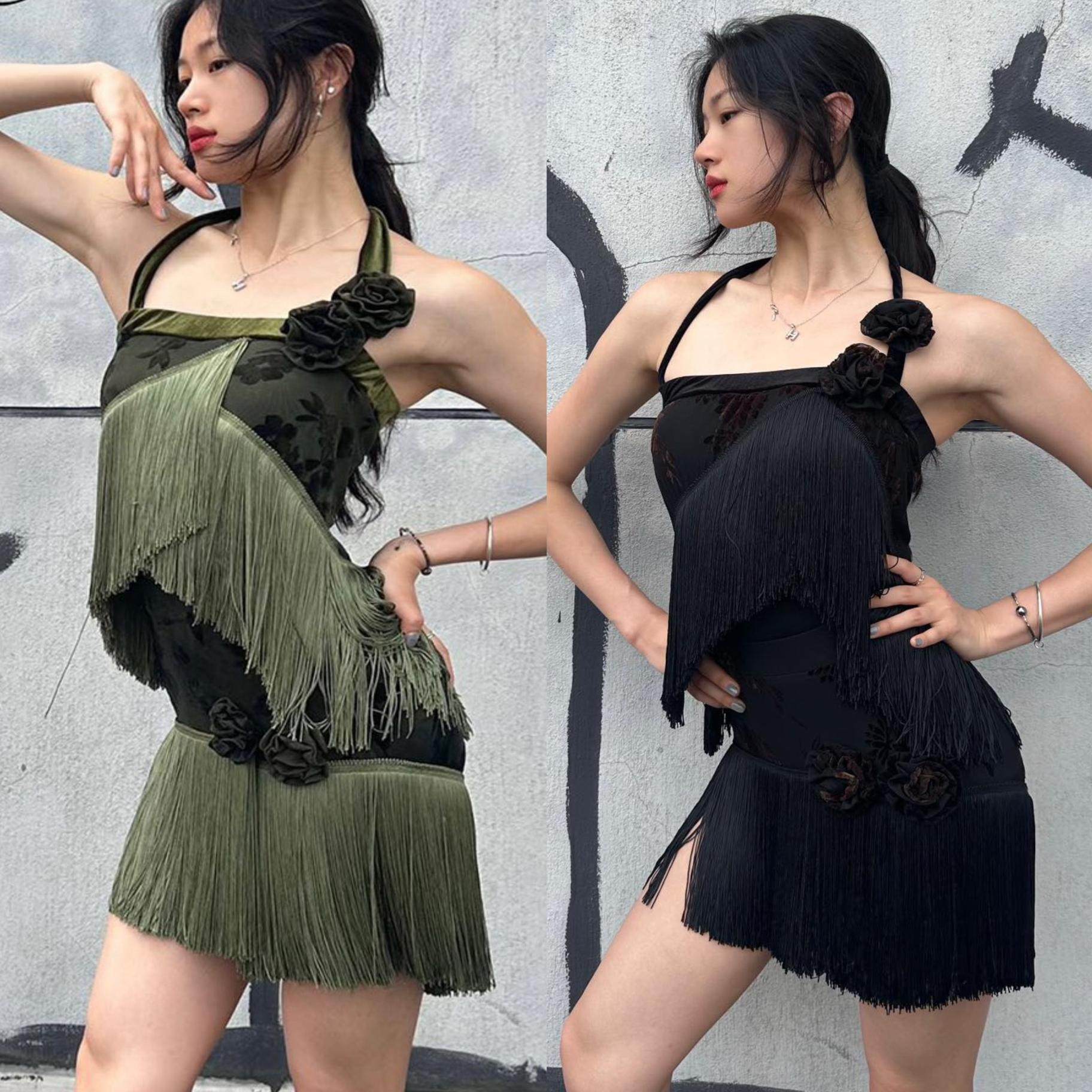 ZERO拉丁舞服流苏分体套装花朵植绒挂脖上衣包臀裙黑绿色艺考表演