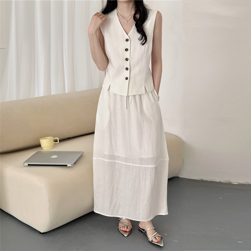 布亨好品质亚麻V领马甲半身裙两件套夏季新款女装高级感通勤套装