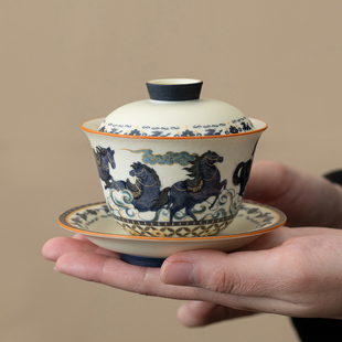 马到成功岩矿白三才盖碗家用小号一人茶杯陶瓷复古功夫茶具泡茶器