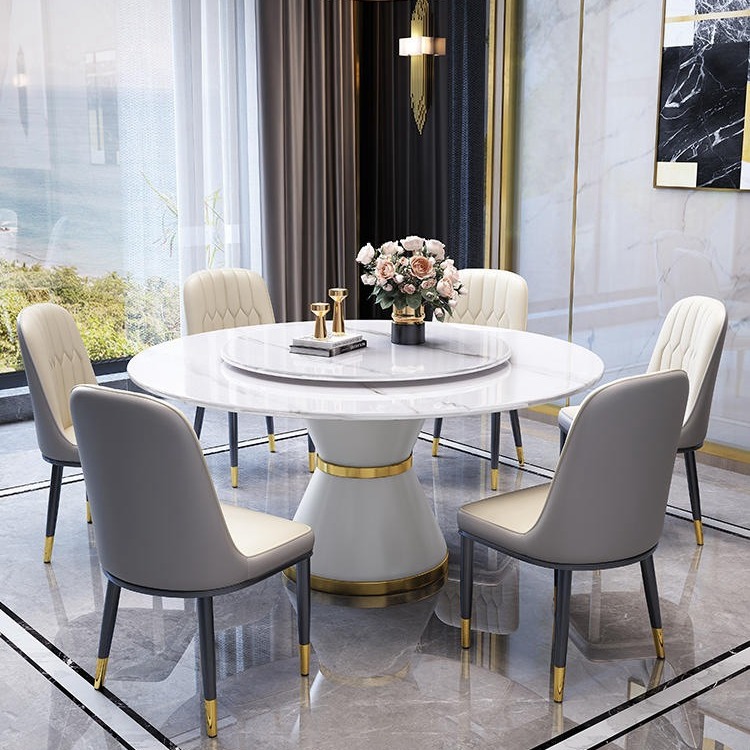 亮光岩板圆形餐桌意式轻奢八人吃饭现代简约家用带转盘餐桌椅组合