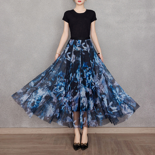 蓝色百搭高级感高档纱裙a字垂感半身裙显瘦高腰收腹大摆裙半裙子