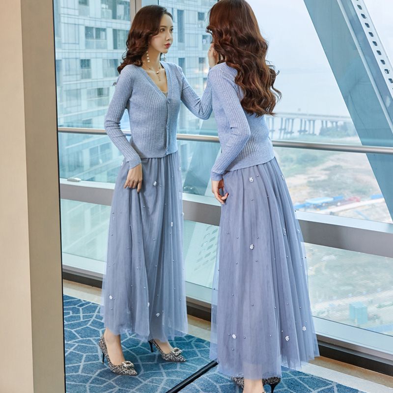 2024春装小香风外穿新款纱裙套装两件套针织开衫吊带网纱半身裙三