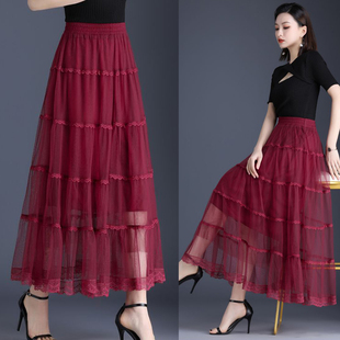 2024广场舞春夏季 洋气仙女网纱半身裙女过膝a字百褶跳舞裙子 新款