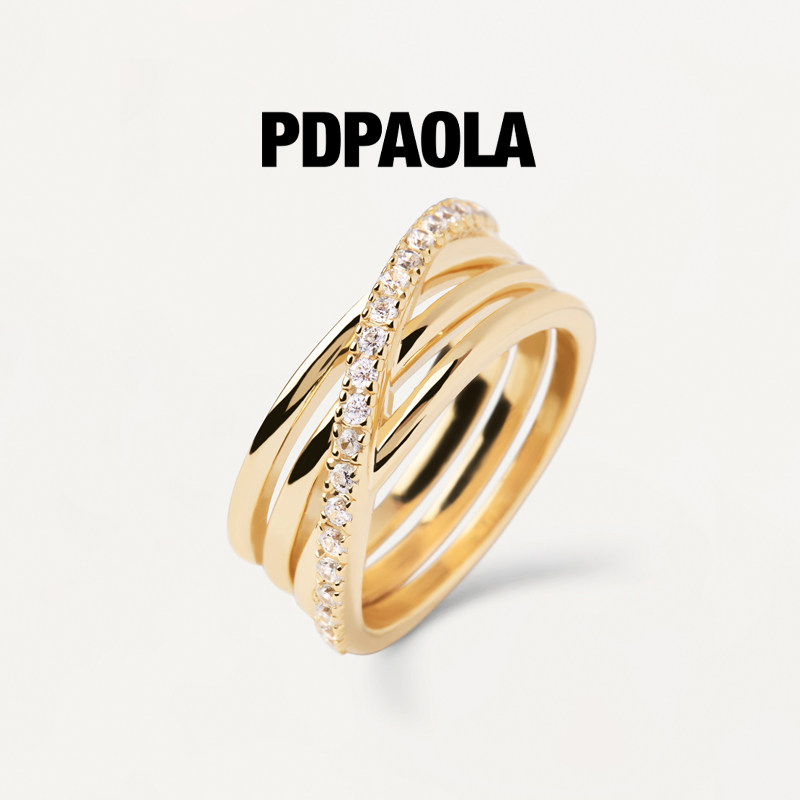 PDPAOLA交叉三环叠戴情侣对戒指女520礼物食指尾戒镀18k金Cruise