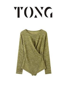 Grace&Glam 定制简约交叠设计亚麻混纺针织长袖上衣 法式复古时尚