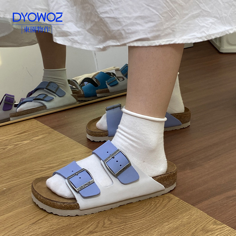 东园物作DYOWOZ拼色双带一字拖鞋女真皮软木勃肯鞋外穿时尚百搭,女鞋,一字拖,淘宝优惠券,粉丝福利购,淘宝优惠卷