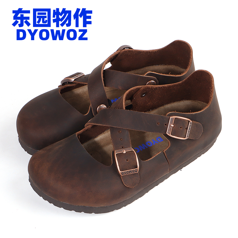 东园物作DYOWOZ交叉搭扣头层牛皮勃肯软木复古学院文艺日系女单鞋