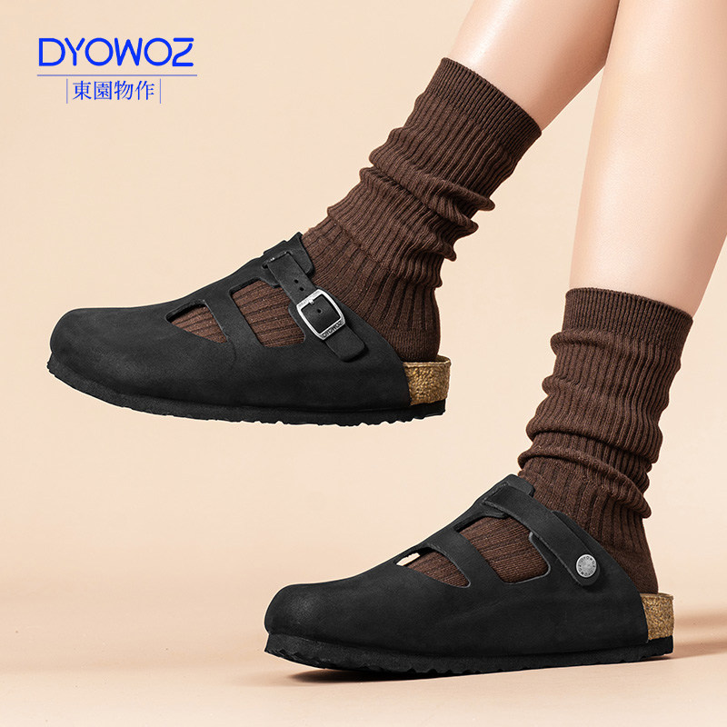 东园物作DYOWOZ真皮镂空半包头拖鞋女懒人一脚蹬复古百搭勃肯鞋,女鞋,包头拖,淘宝优惠券,粉丝福利购,淘宝优惠卷