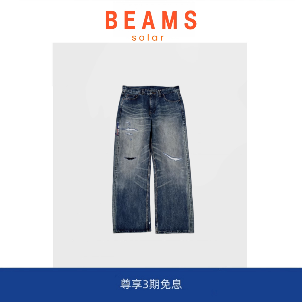 【SOLAR BEAMS】赤耳丹宁面料 美式复古风补丁牛仔裤水洗做旧长裤图片