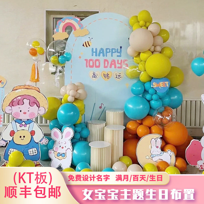 女孩生日宴布置装饰气球派对场景女宝宝满月酒宴席背景墙KT板定制