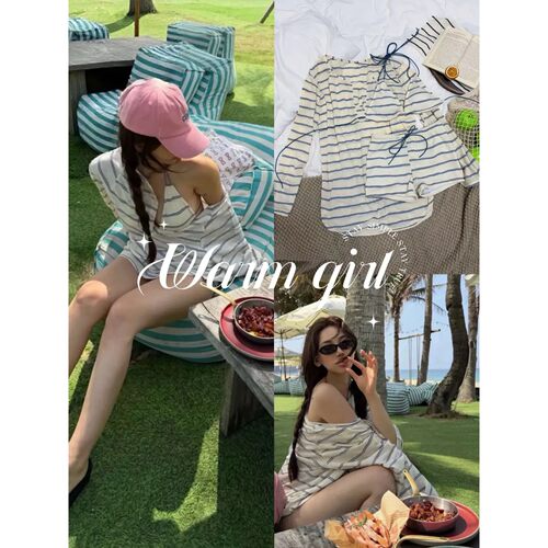 【云间海盐】韩系ins风纯欲显白条纹bikini沙滩度假显瘦小胸泳衣