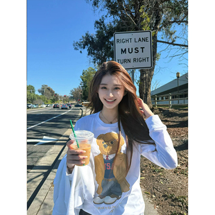 百搭上衣 慵懒休闲小熊印花纯棉男女长袖 广州十三行外贸订单 韩版