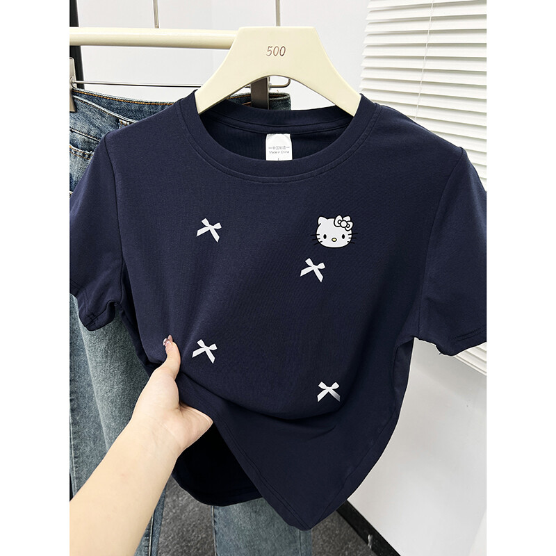 外贸清仓~品牌尾货捡漏纯棉短款韩版KT猫印花男女短袖T恤休闲上衣